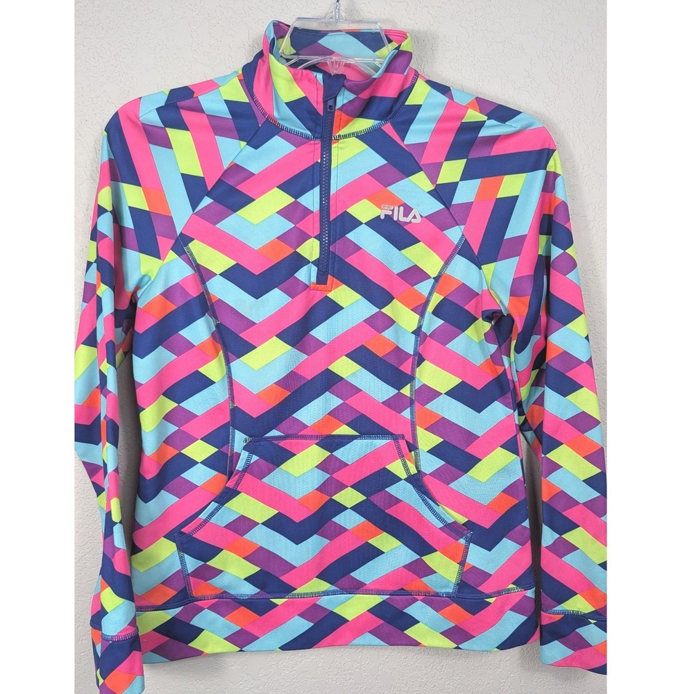 Fila Sport Pullover Women Medium Multicolor Geometric 1/4 Zip‎ Fleece Kangaroo